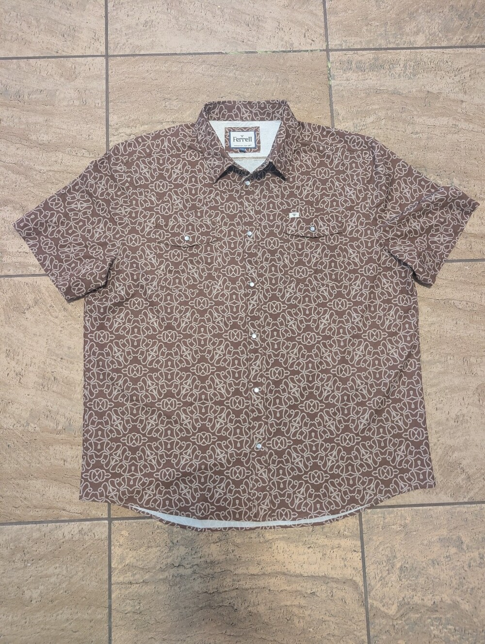 Ferrell Men’s Brown Geometric Short Sleeve Pearl Snap Shirt w/ Pockets 3XL
